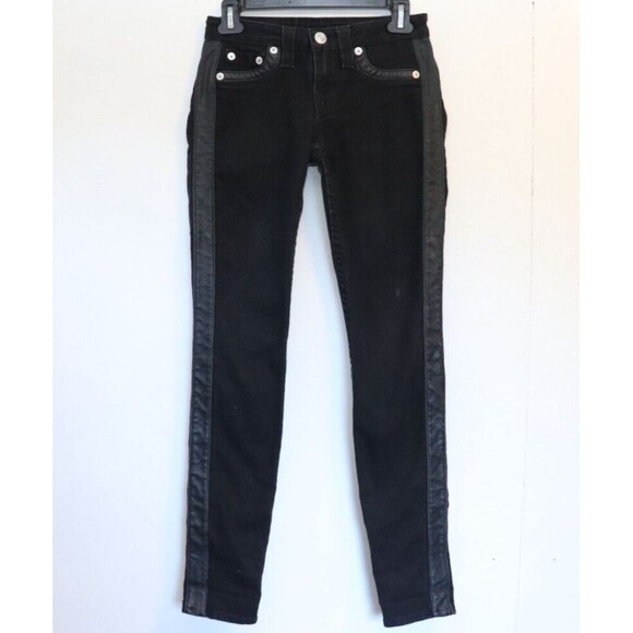 True Religion Womens Jeans Size 25 Black Denim‎ Legging Pants Leather Contrast - Picture 1 of 10